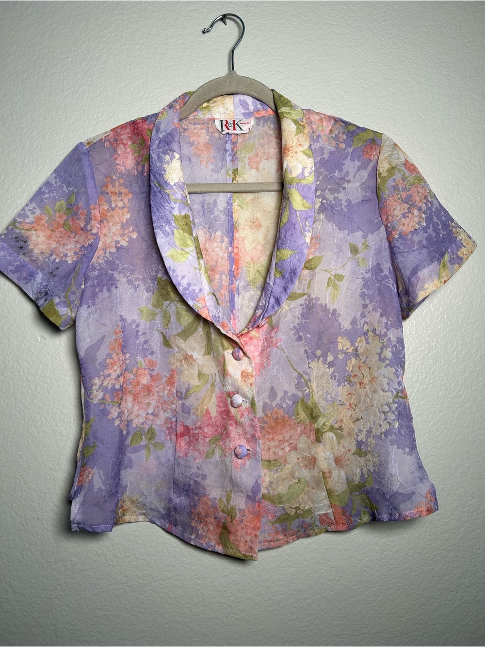 R&K Lavender Floral Short Sleeve Button Blouse